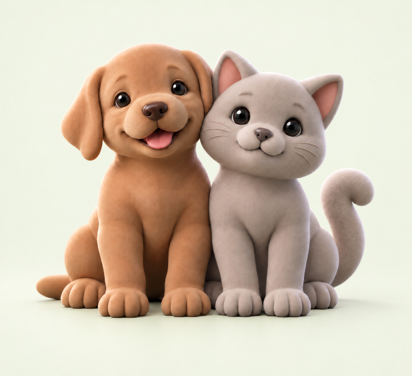 Cachorro caramelo e gato cinza juntos, representando cuidado e amizade